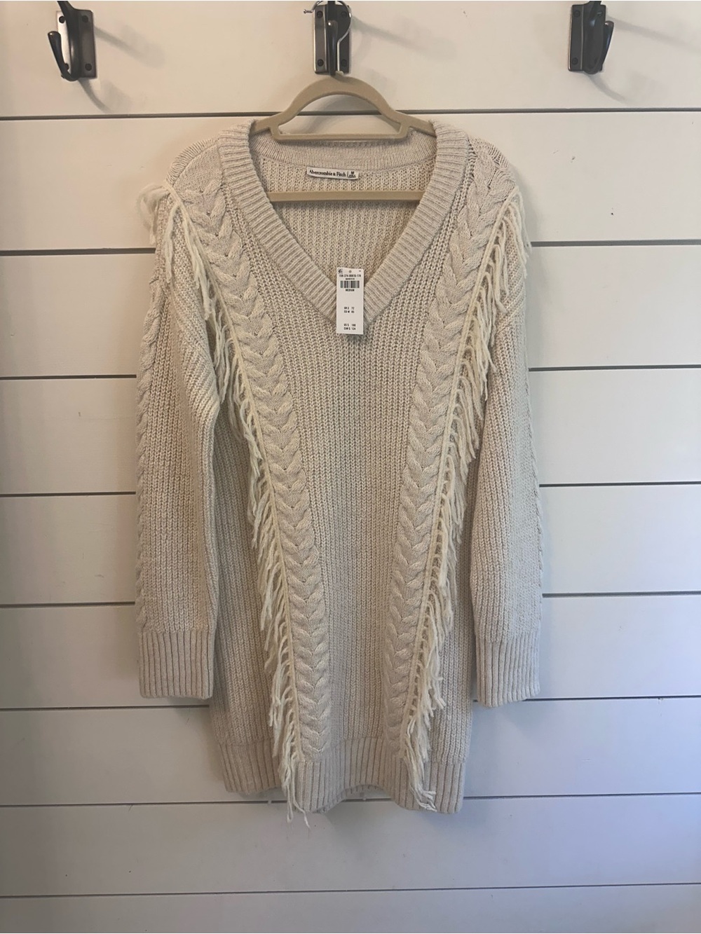 NWT Abercrombie & Fitch Cable Knit Fringe Sweater Dress Cream Medium